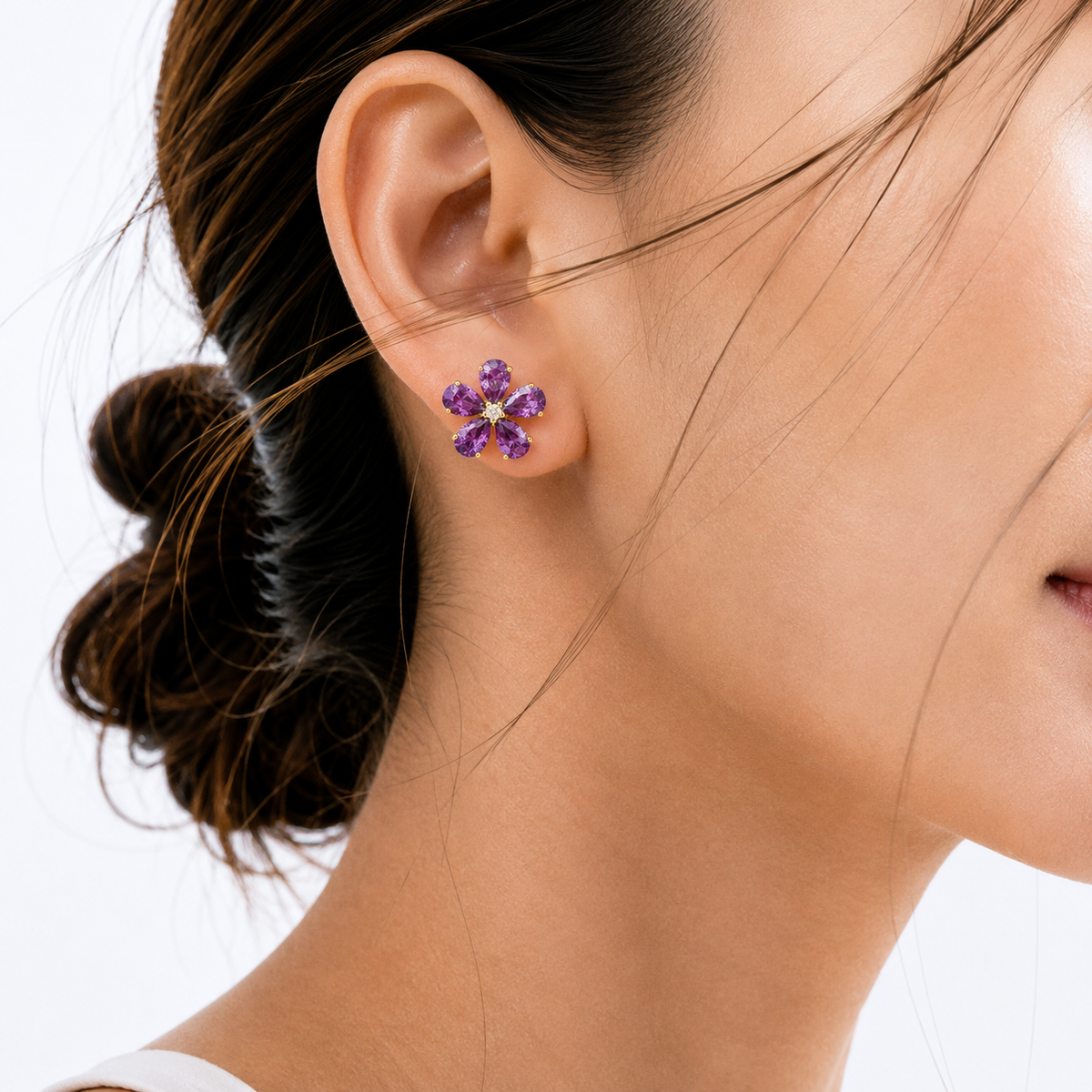 Florea Purple Sapphire & Diamond Flower Stud Earrings in Gold