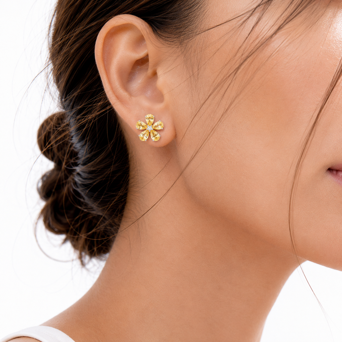 Florea Yellow Sapphire & Diamond Flower Stud Earrings in White Gold