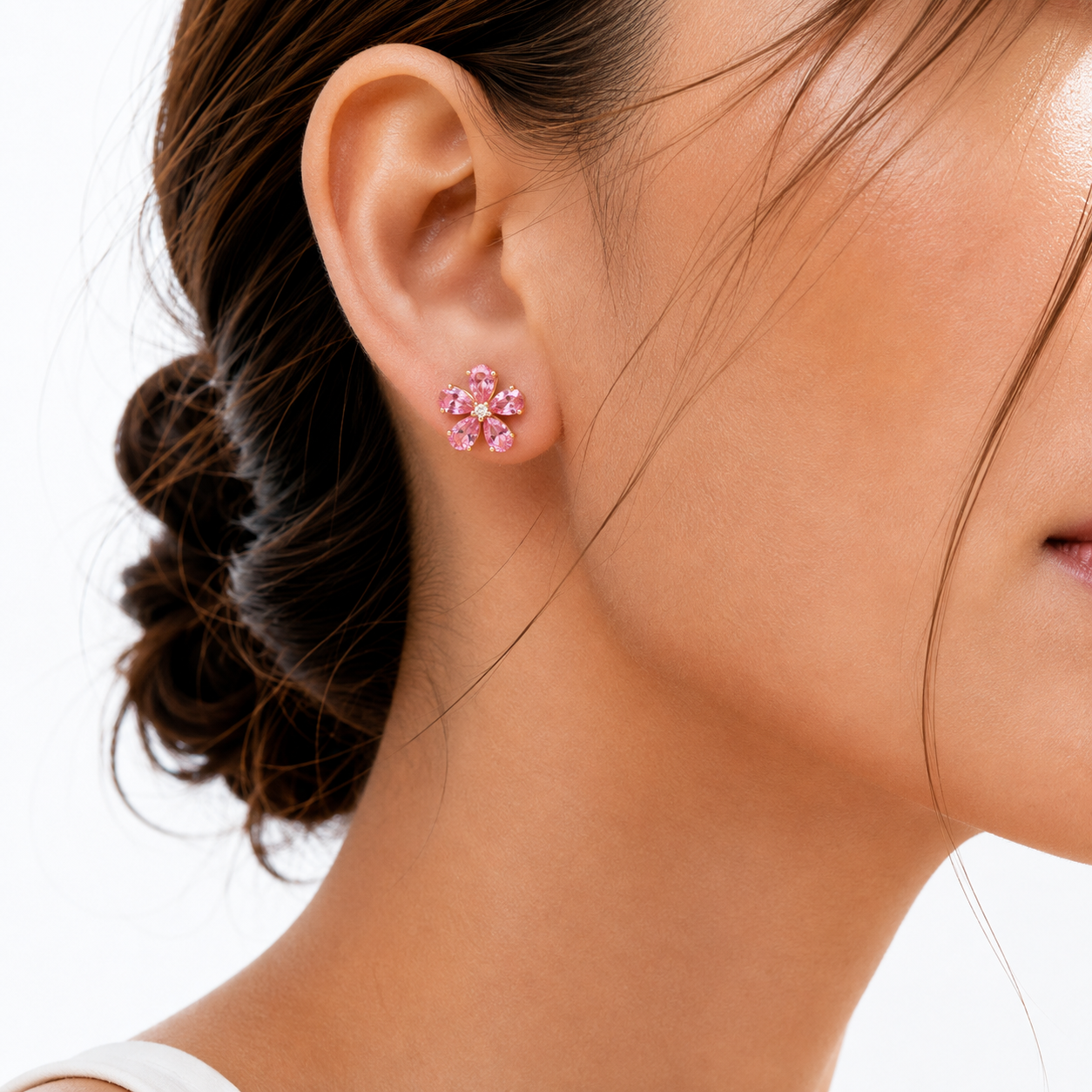 Florea Pastel Pink Sapphire & Diamond Flower Stud Earrings in Gold
