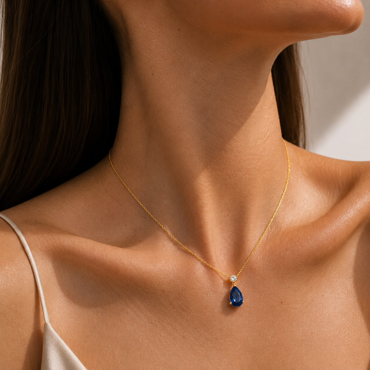 Pisa Blue Sapphire & Diamond Pear Drop Pendant Necklace In Gold - Large