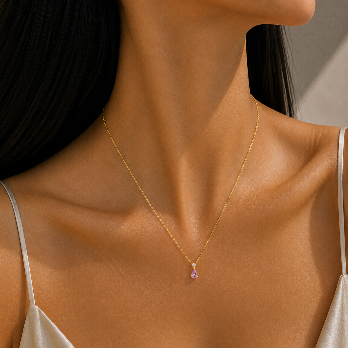 Pisa Pastel Pink Sapphire & Diamond Pear Drop Pendant Necklace In Gold - Small