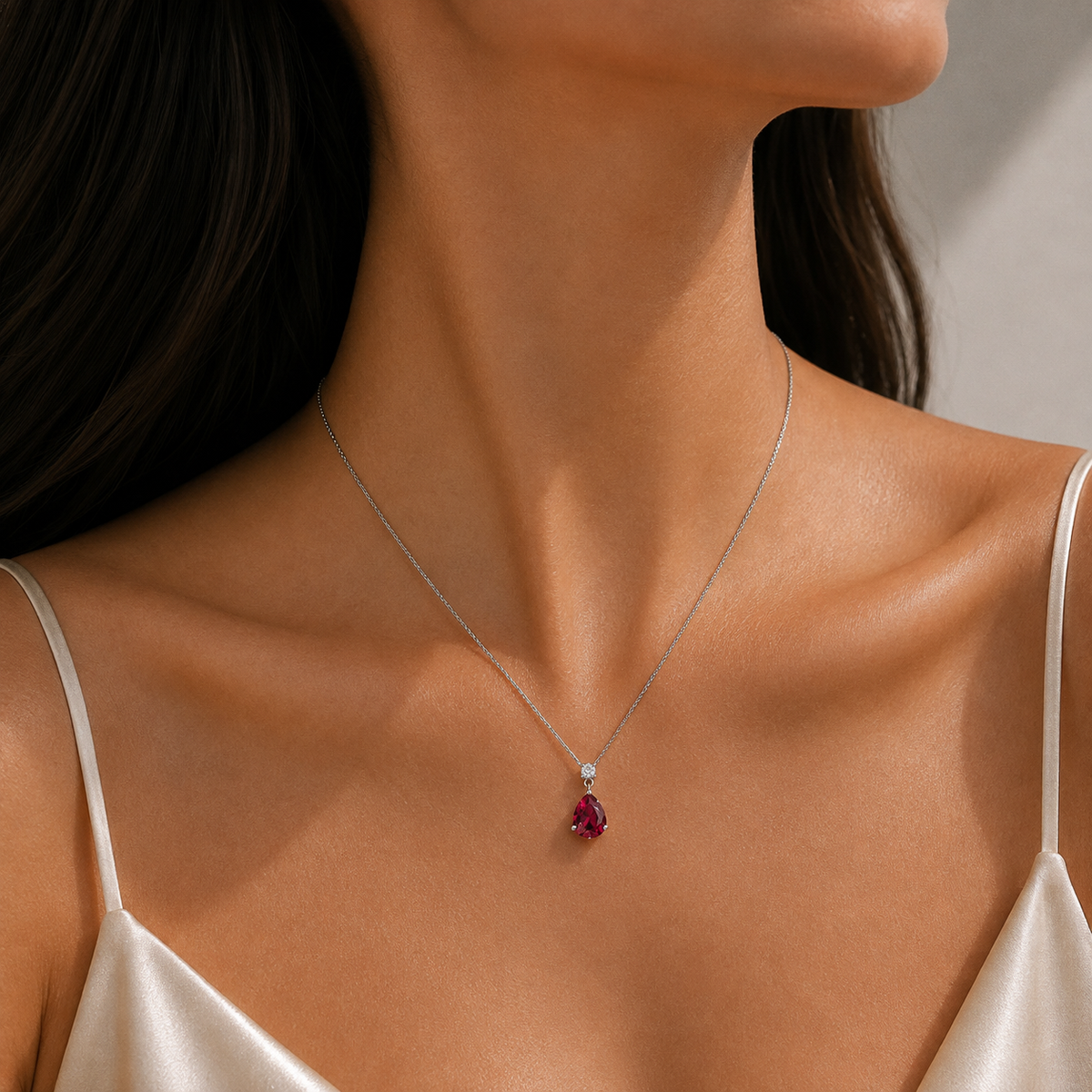 Pisa Ruby & Diamond Pear Drop Pendant Necklace In White Gold - Medium