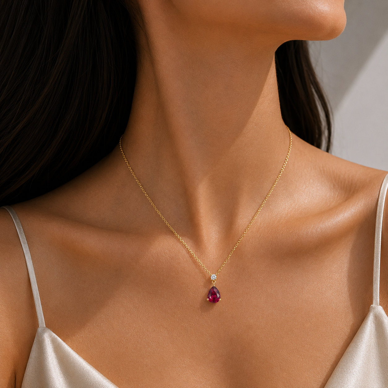 Pisa Ruby & Diamond Pear Drop Pendant Necklace In Gold - Medium