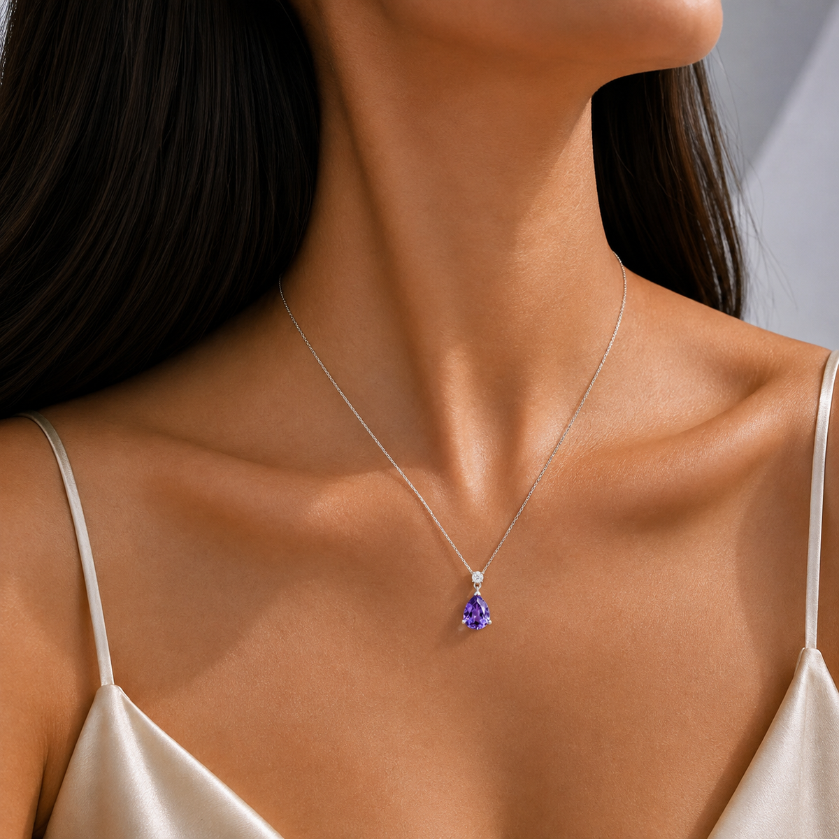 Pisa Purple Sapphire & Diamond Pear Drop Pendant Necklace In White Gold - Medium