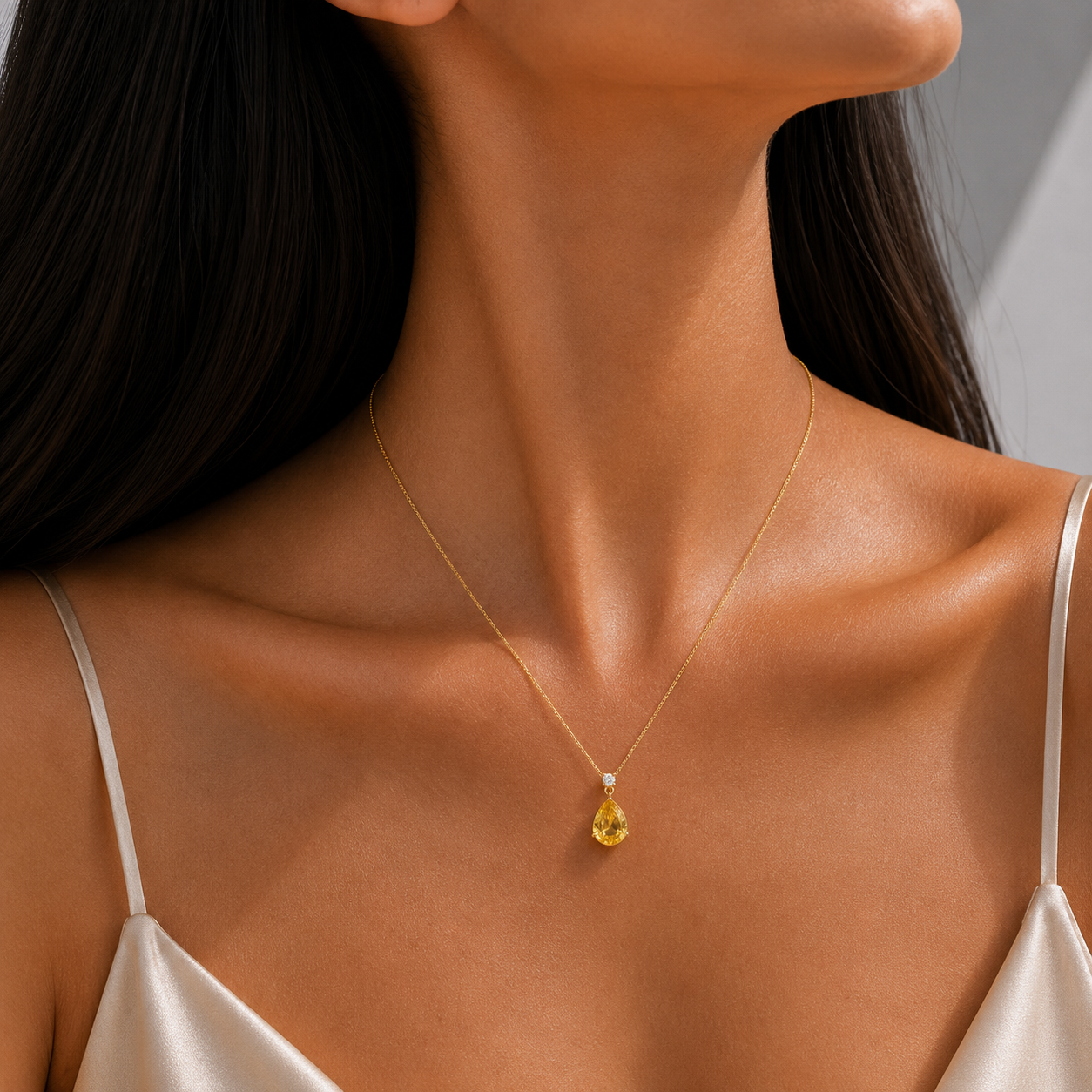 Pisa Yellow Sapphire & Diamond Pear Drop Pendant Necklace In Gold - Medium