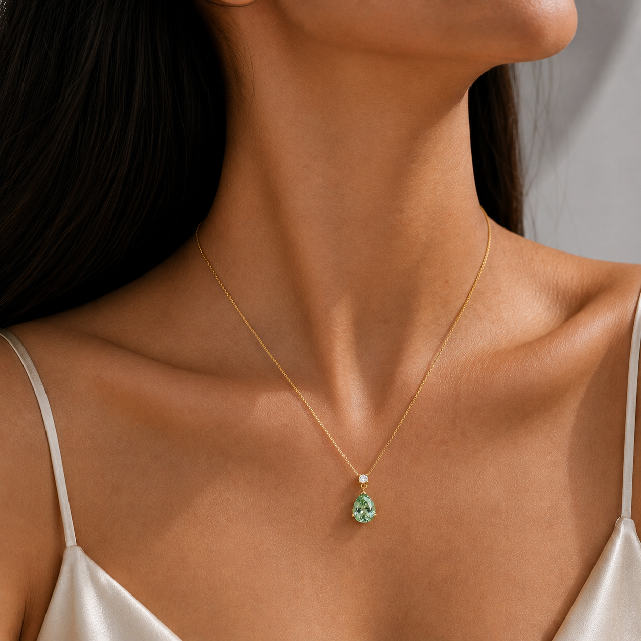 Pisa Green Sapphire & Diamond Pear Drop Pendant Necklace In Gold - Medium