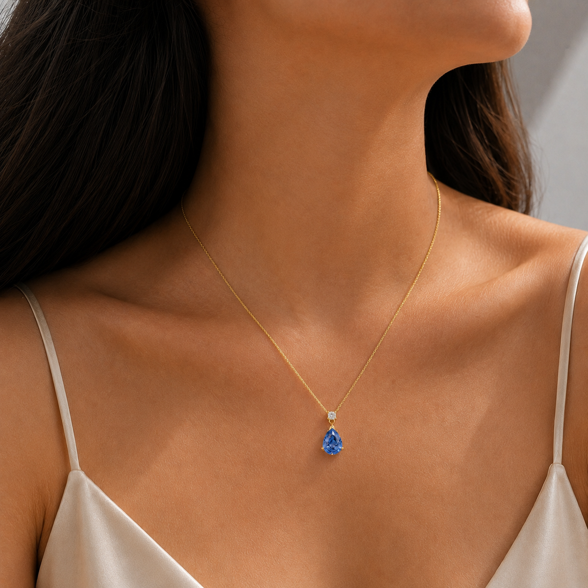 Pisa Light Blue Sapphire & Diamond Pear Drop Pendant Necklace In Gold - Medium