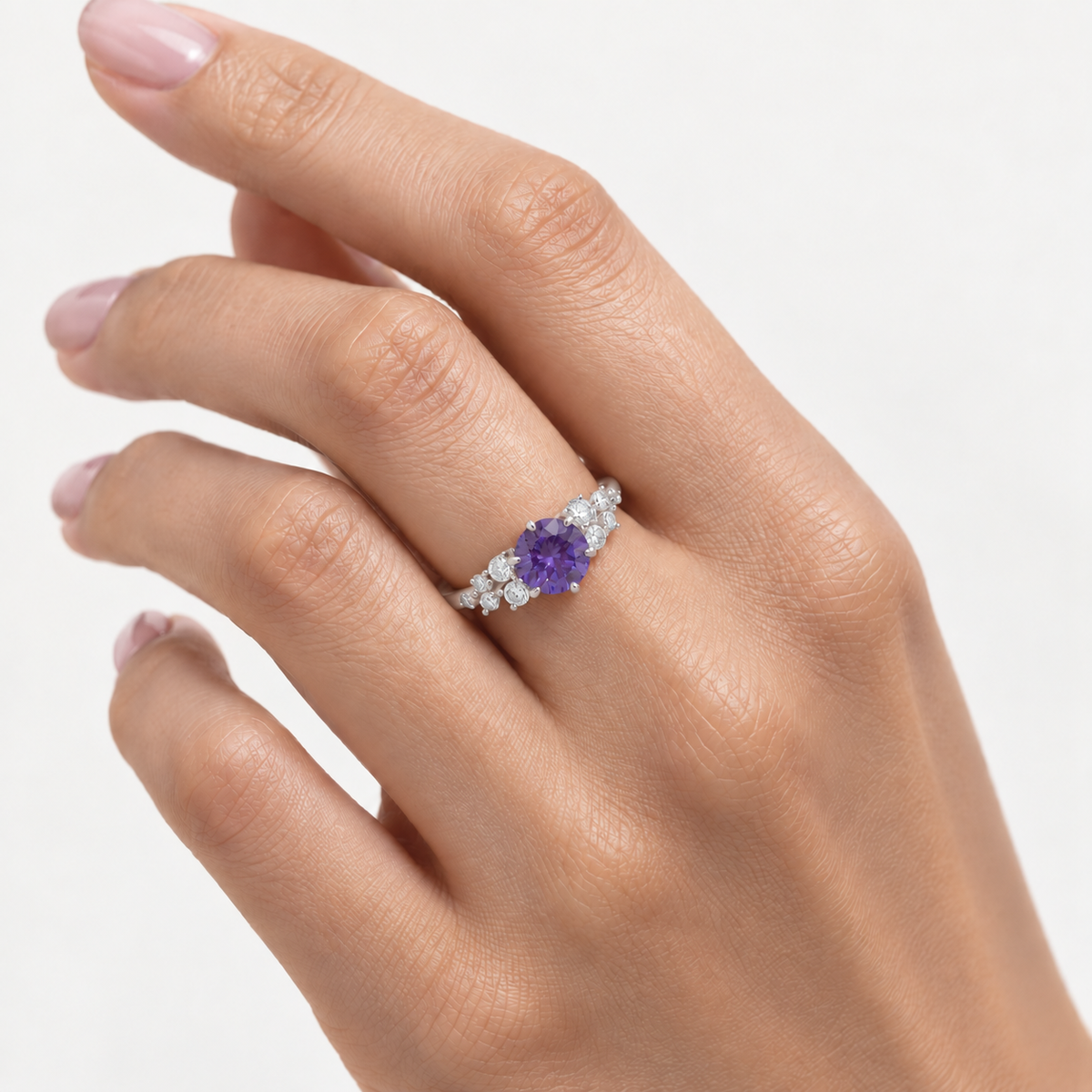 Floret Purple Sapphire Round & Diamond Cluster Ring in White Gold
