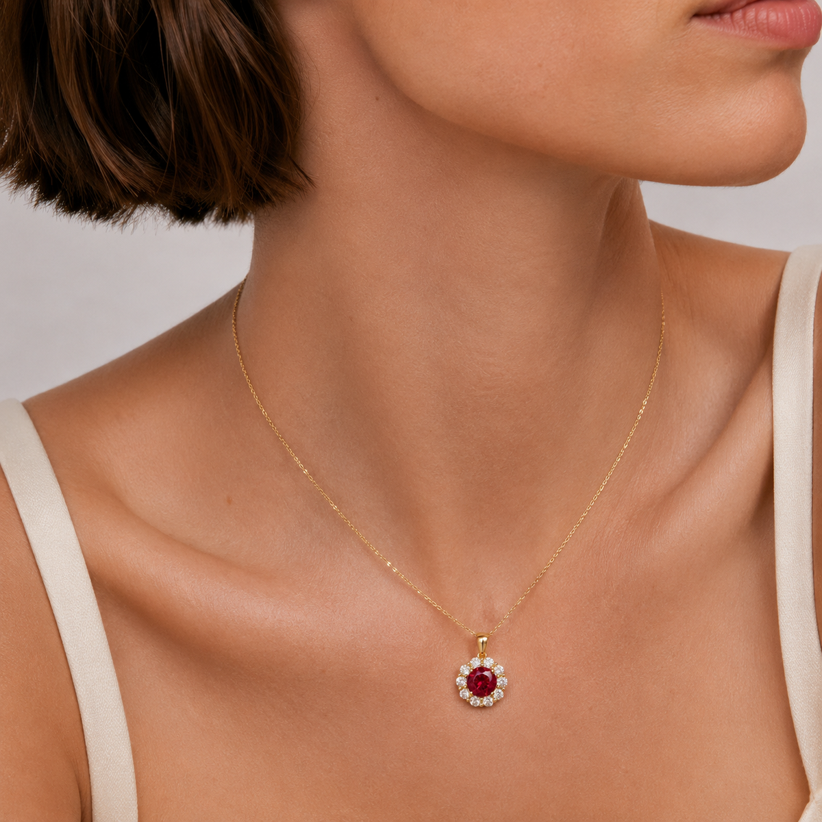 Floret Ruby Round & Diamond Halo Pendant Necklace in Gold