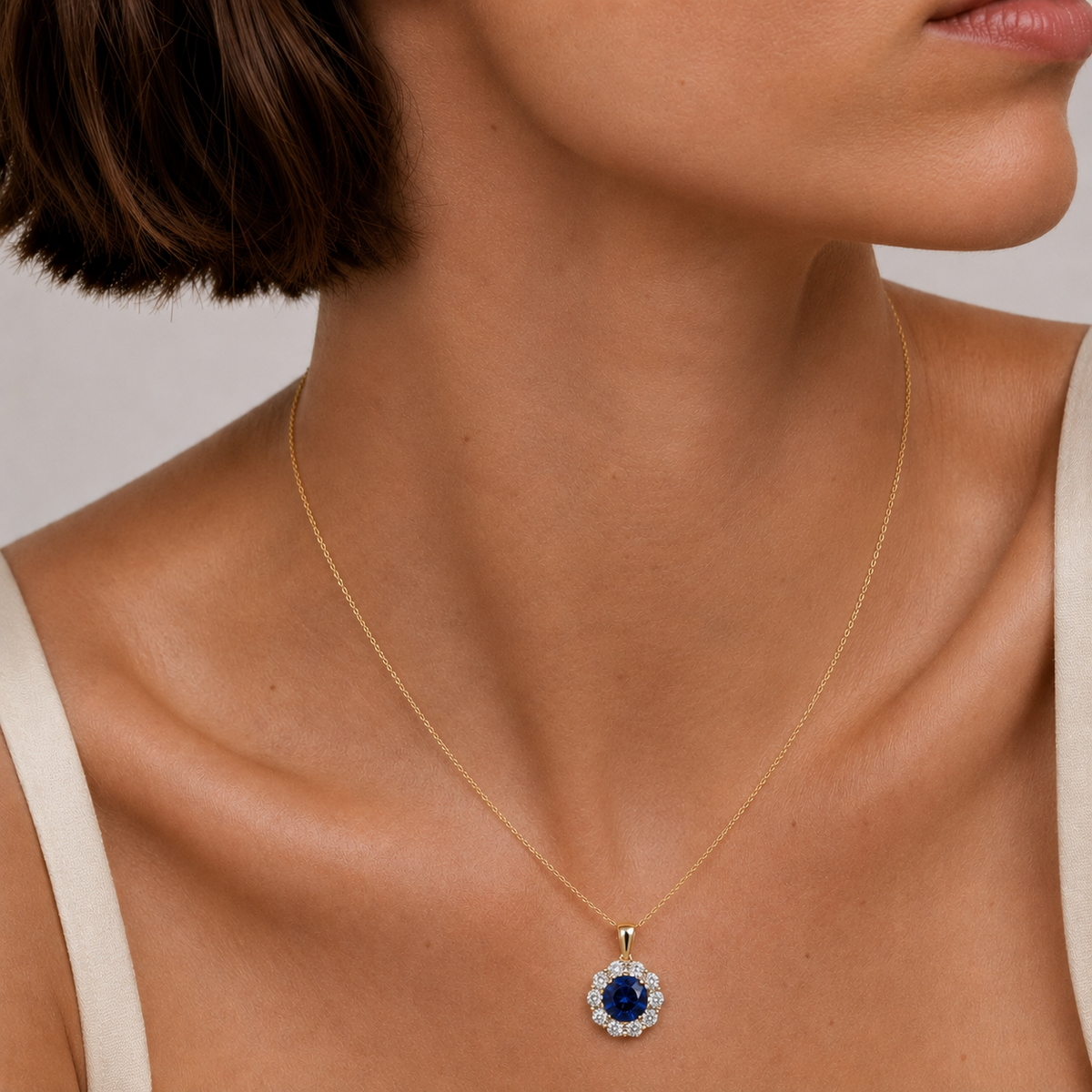 Floret Blue Sapphire Round & Diamond Halo Pendant Necklace in Gold