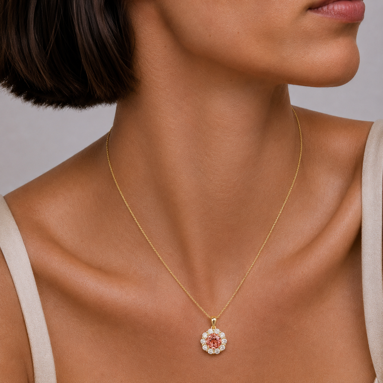 Floret Padparadscha Sapphire Round & Diamond Halo Pendant Necklace in Gold