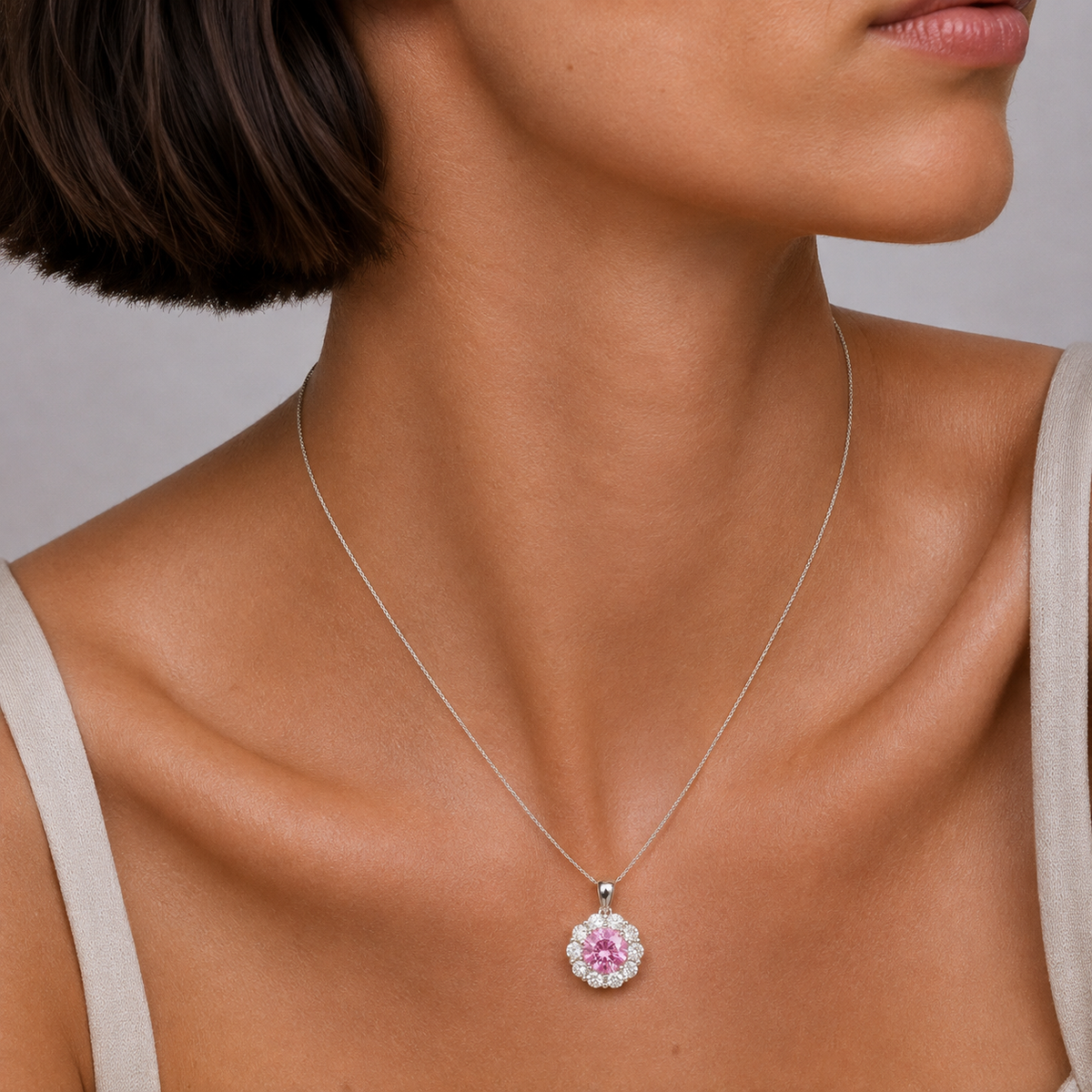 Floret Pastel Pink Sapphire Round & Diamond Halo Pendant Necklace in White Gold