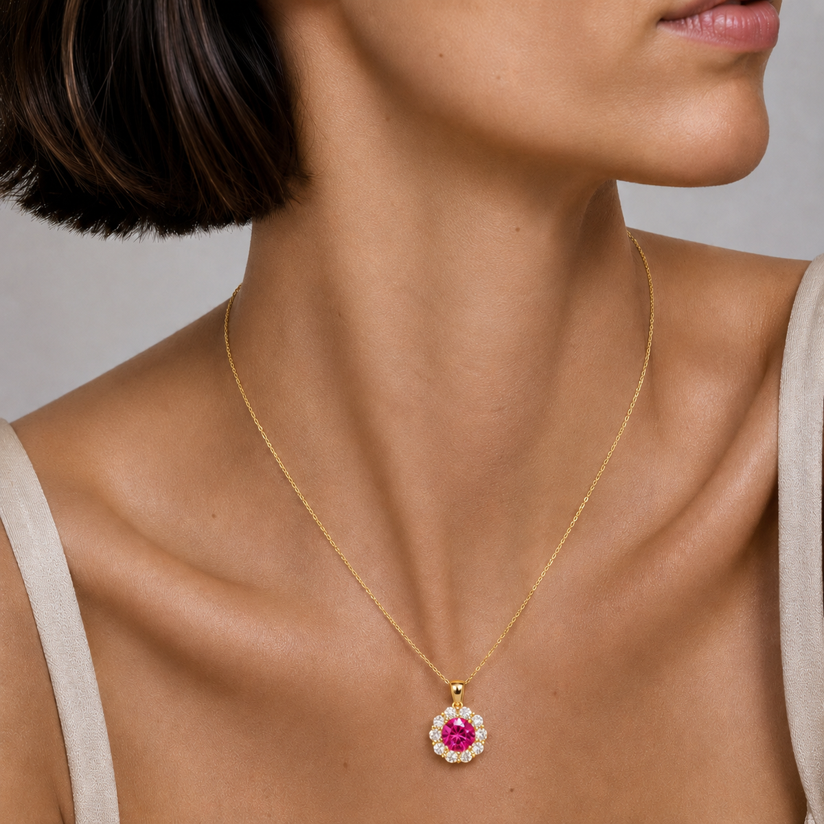 Floret Vivid Hot Pink Sapphire Round & Diamond Halo Pendant Necklace in Gold