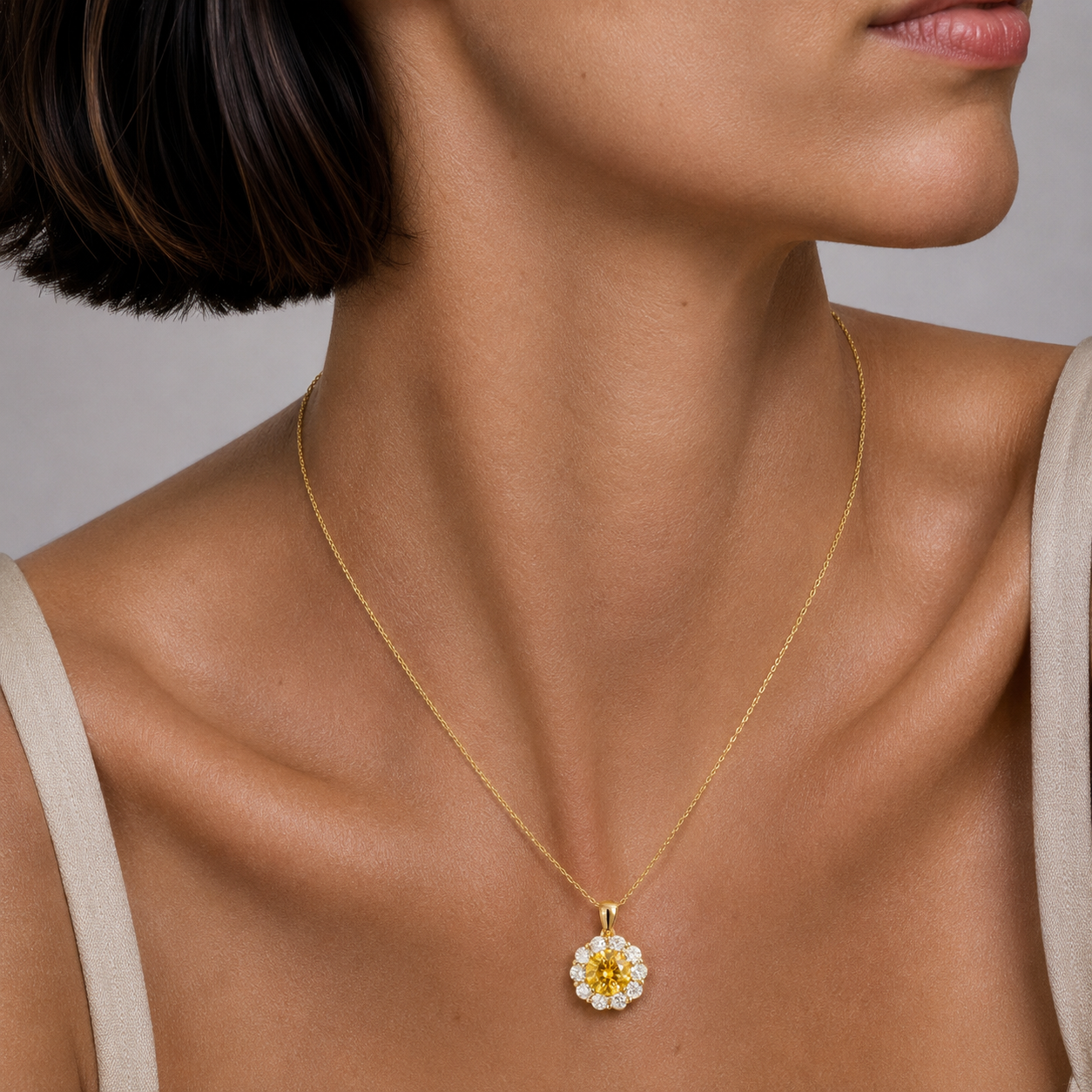 Floret Yellow Sapphire Round & Diamond Halo Pendant Necklace in Gold