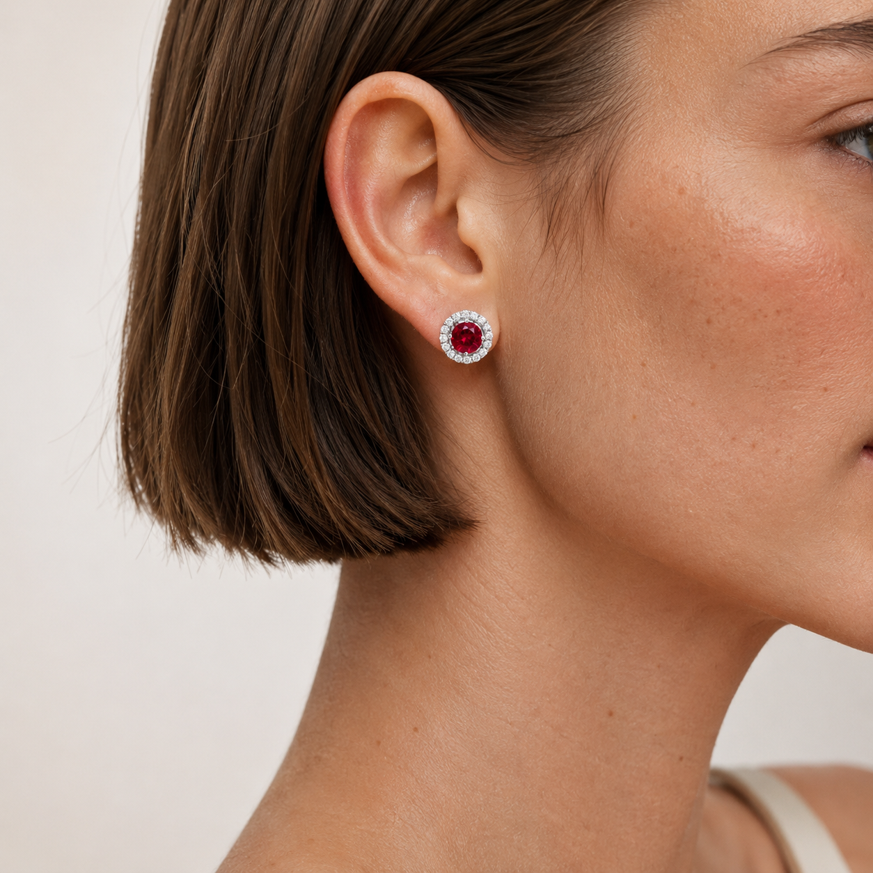 Floret Ruby Round & Diamond Halo Stud Earrings in White Gold