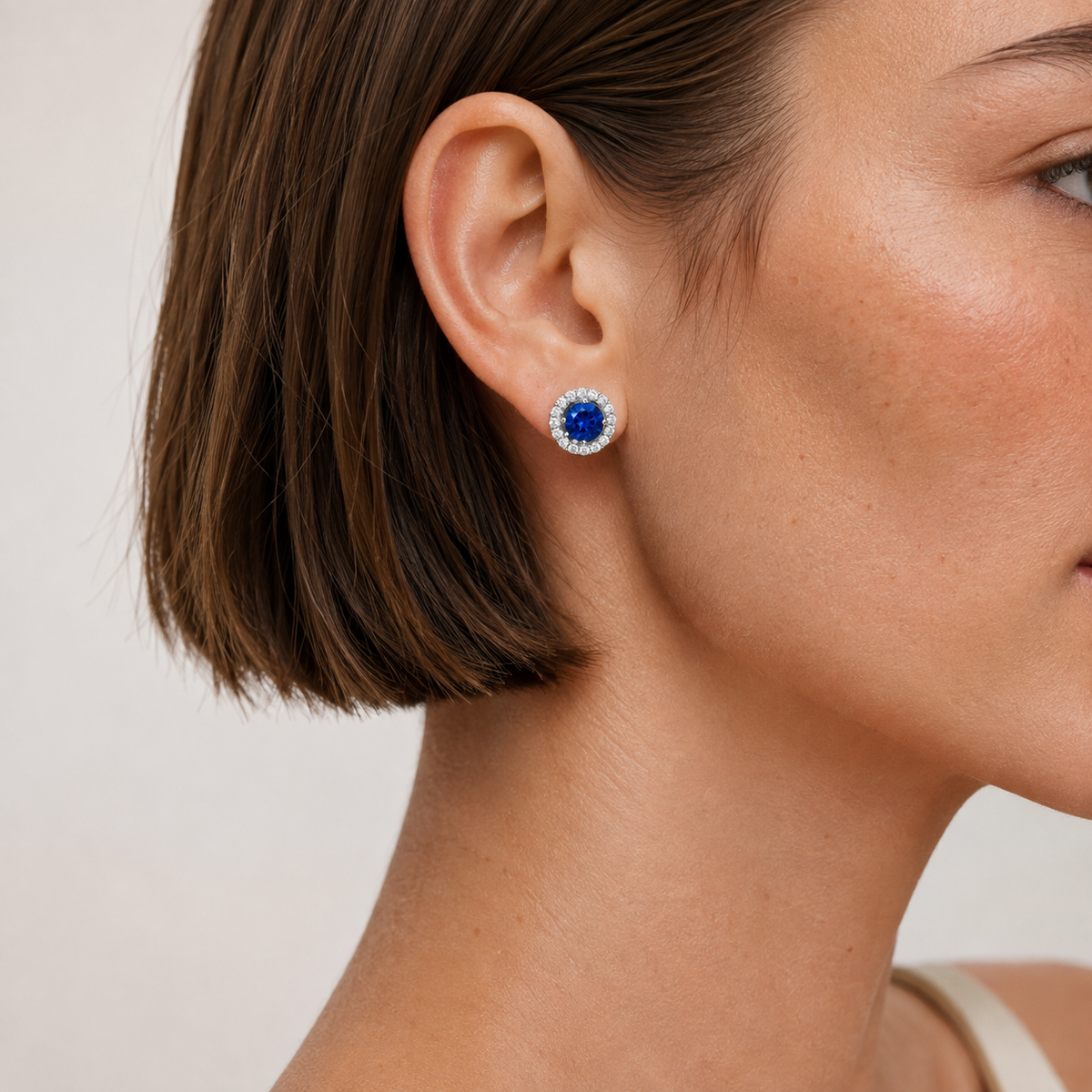 Floret Blue Sapphire Round & Diamond Halo Stud Earrings in White Gold