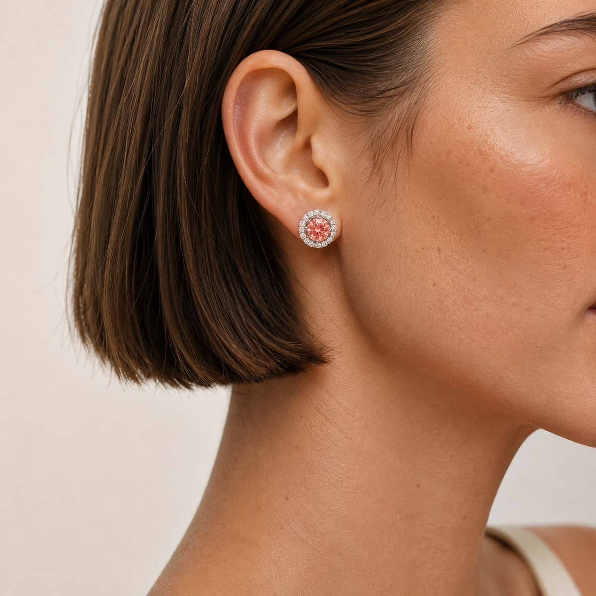 Floret Padparadscha Sapphire Round & Diamond Halo Stud Earrings in White Gold