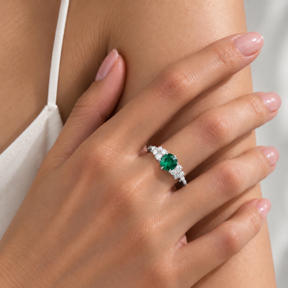 Floret Emerald Round & Diamond Cluster Ring in White Gold