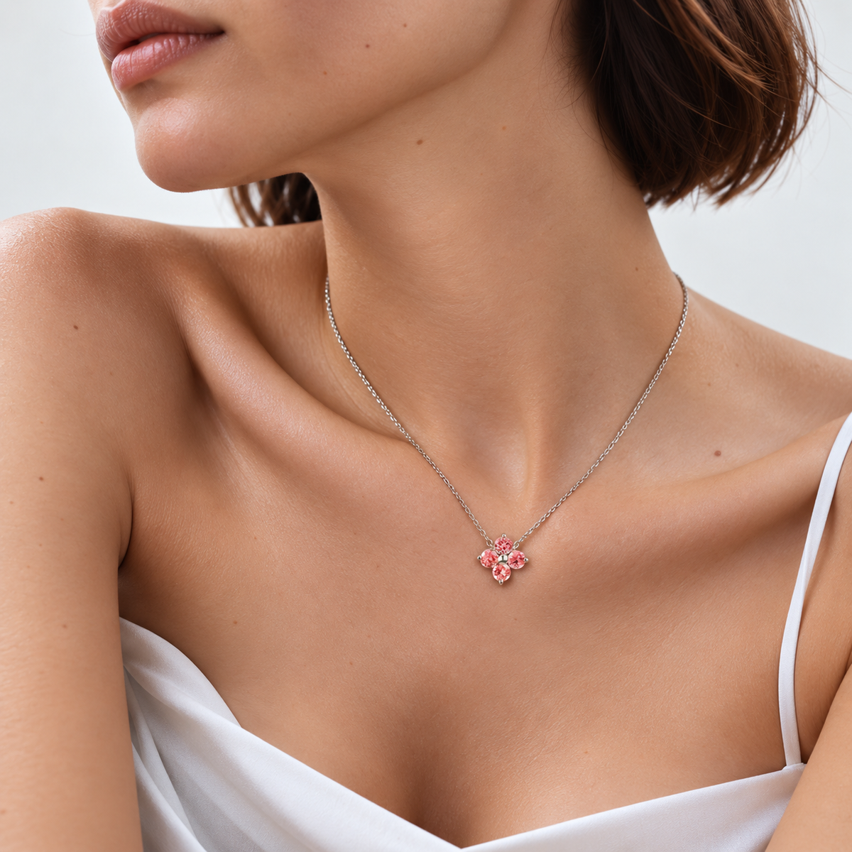 Clover Padparadscha Sapphire Necklace In White Gold