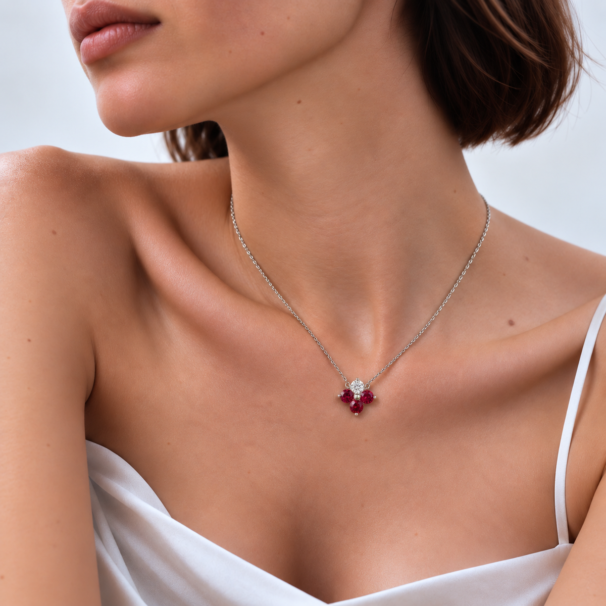 Clover Ruby & Diamond Necklace In White Gold