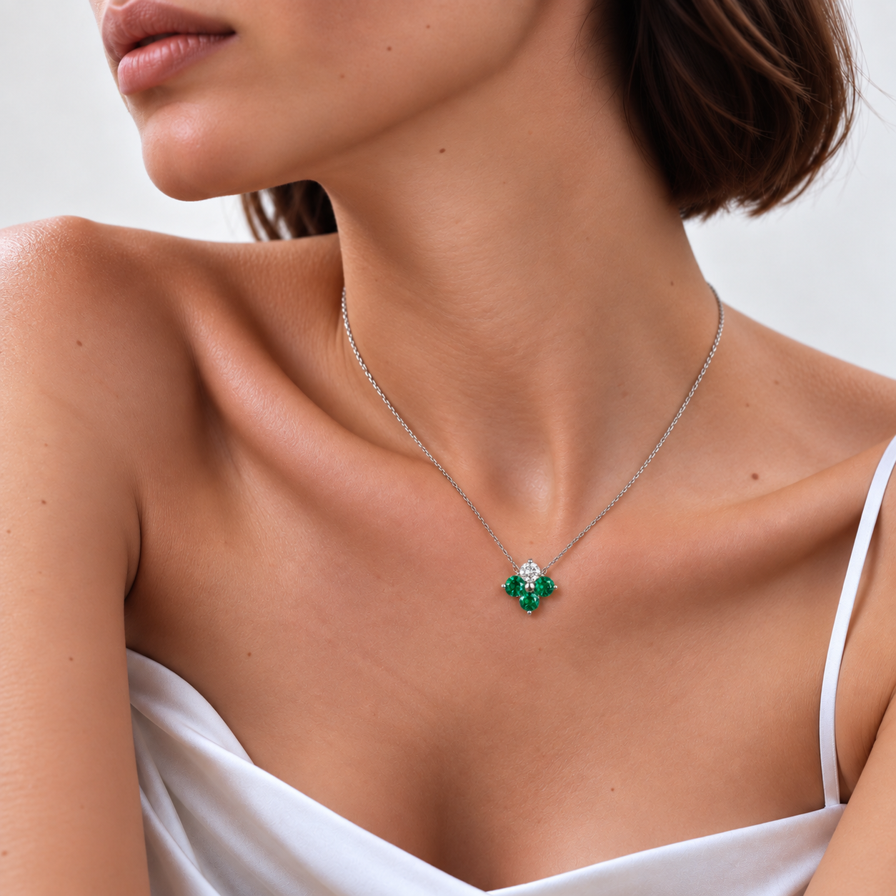 Clover Emerald & Diamond Necklace In White Gold