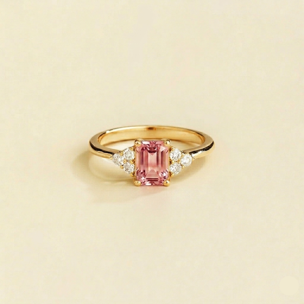 Emerald-cut lab-grown padparadscha sapphire and diamond Chateau ring in gold | Juvetti London
