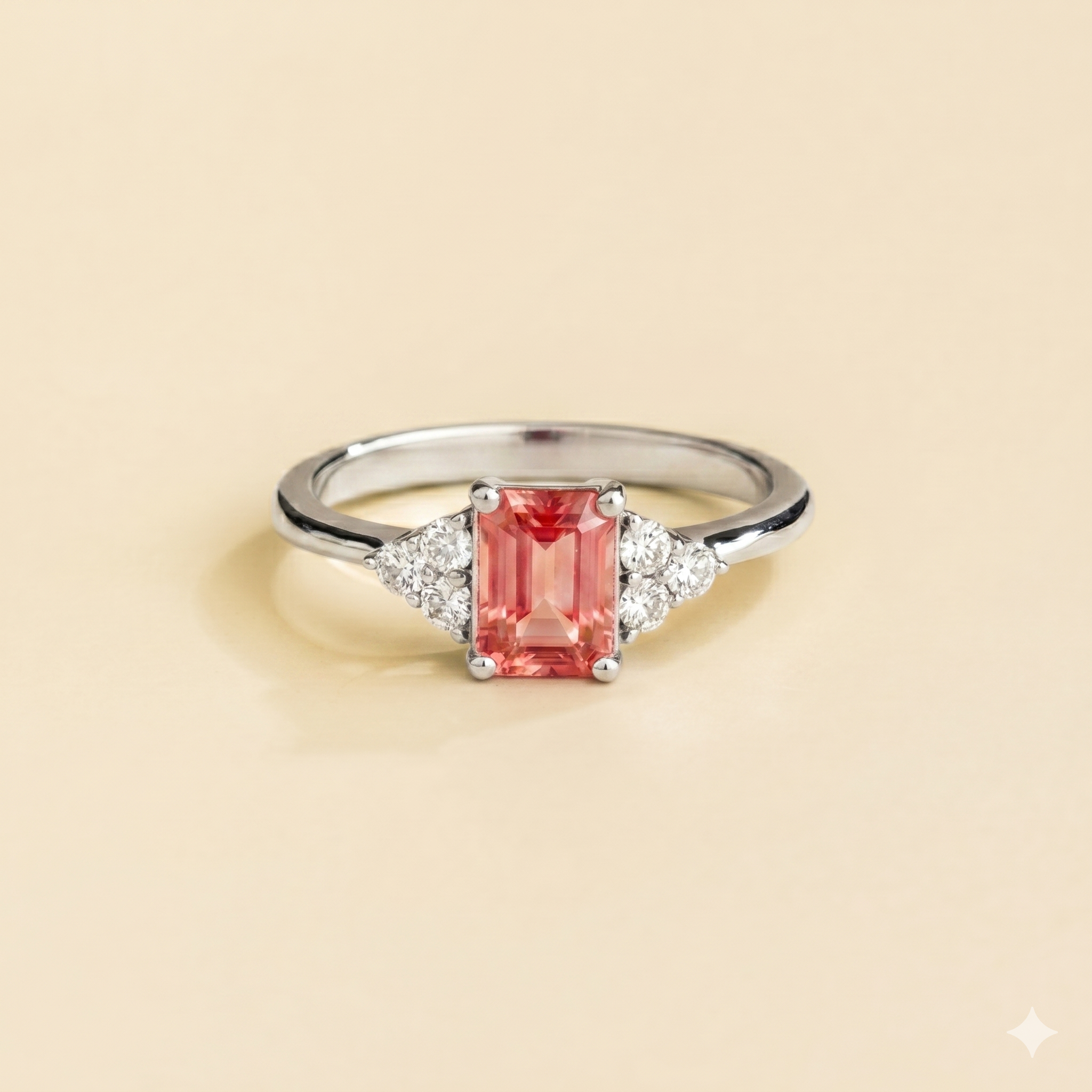Chateau Padparadscha Sapphire Emerald-Cut & Diamond Ring in White Gold