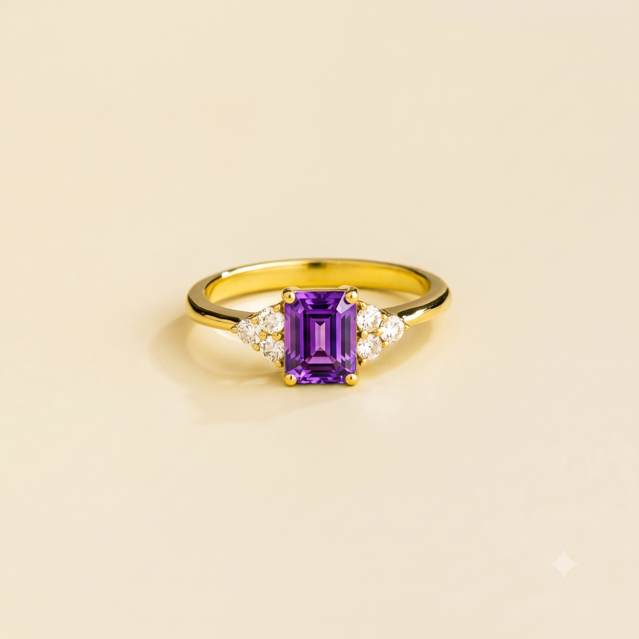 Emerald-cut lab-grown purple sapphire and diamond Chateau ring in white gold | Juvetti London