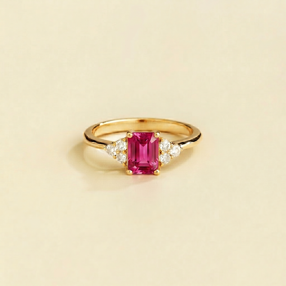 Chateau gold ring featuring an emerald-cut lab-grown pink sapphire with diamond accents | Juvetti London