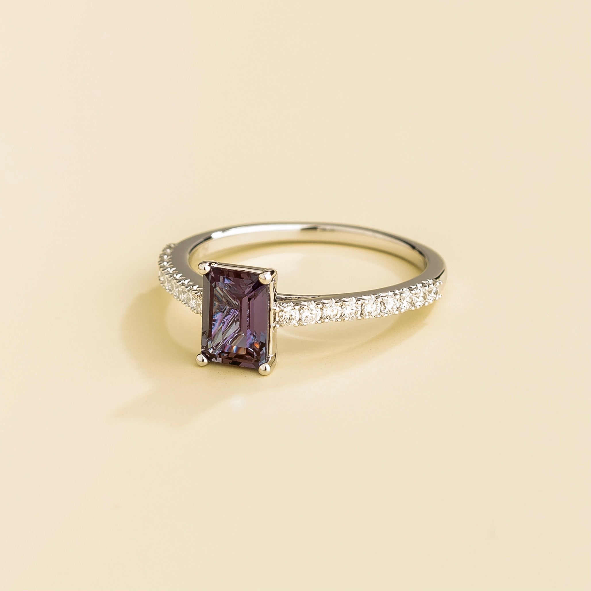 Chelle Emerald-Cut Alexandrite & Diamond Pavé Ring in White Gold