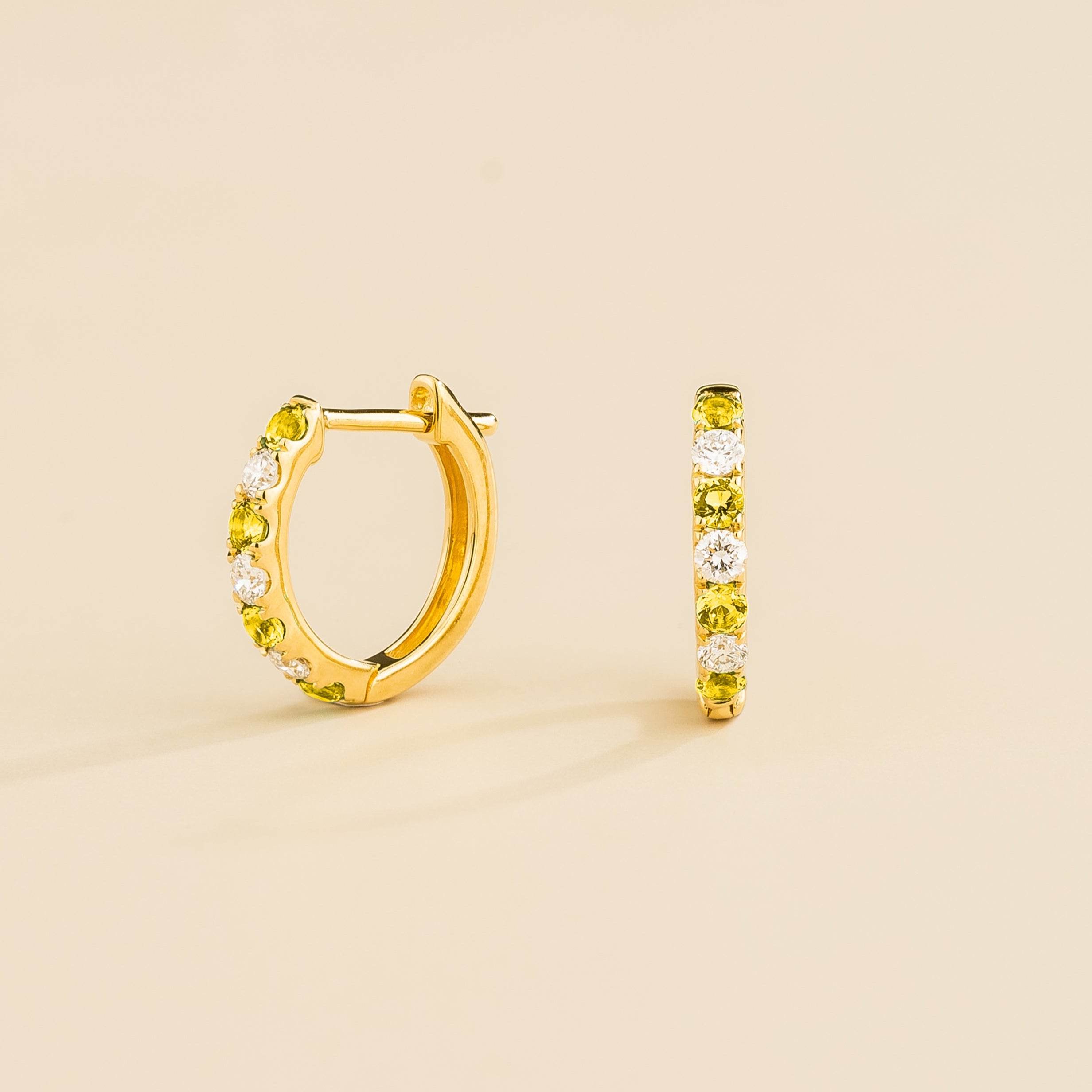Ciclo Gold Huggie Earrings with Lab-Grown Yellow Sapphire & Diamond ā Juvetti London