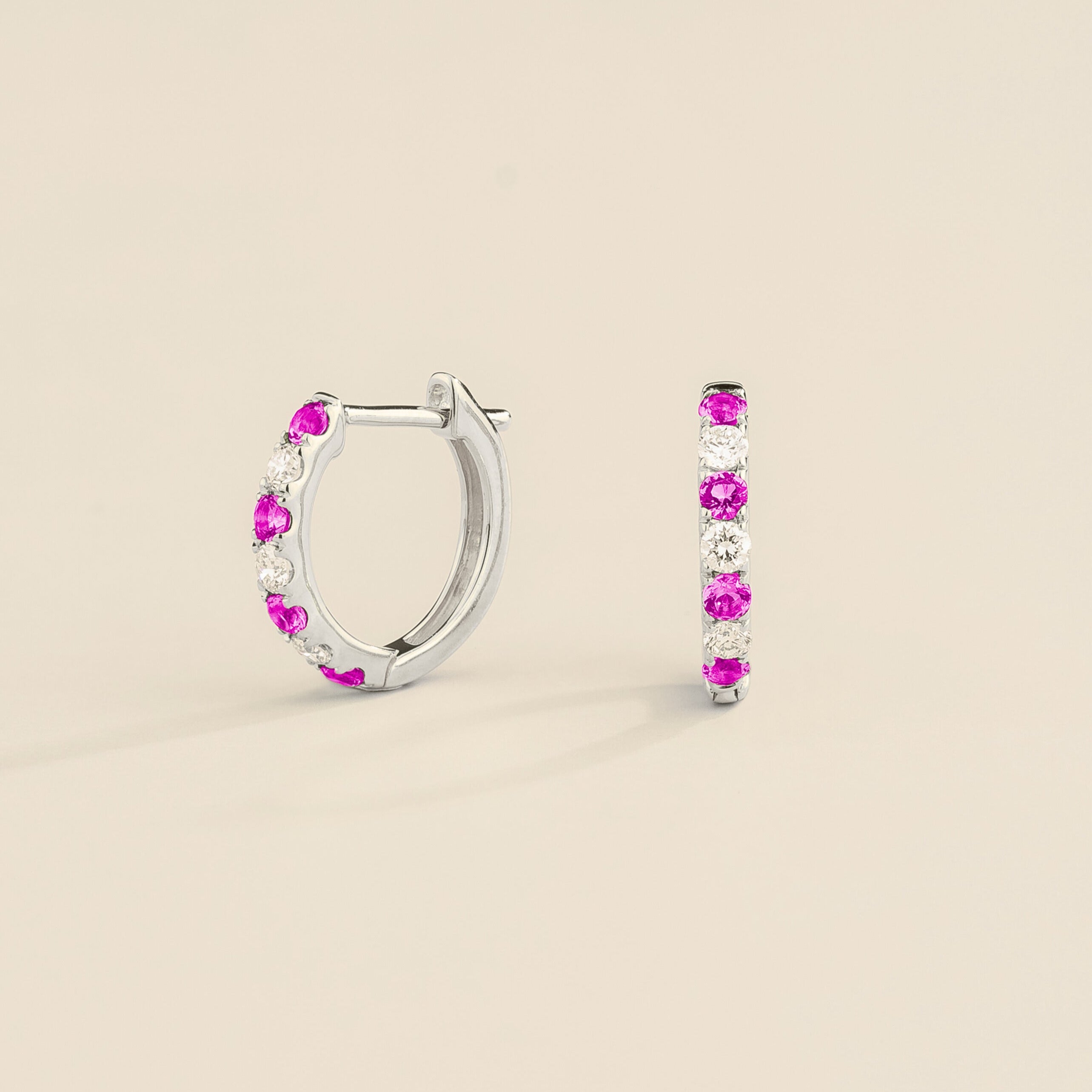 Ciclo White Gold Huggie Earrings Set With Pink Sapphire & Diamond