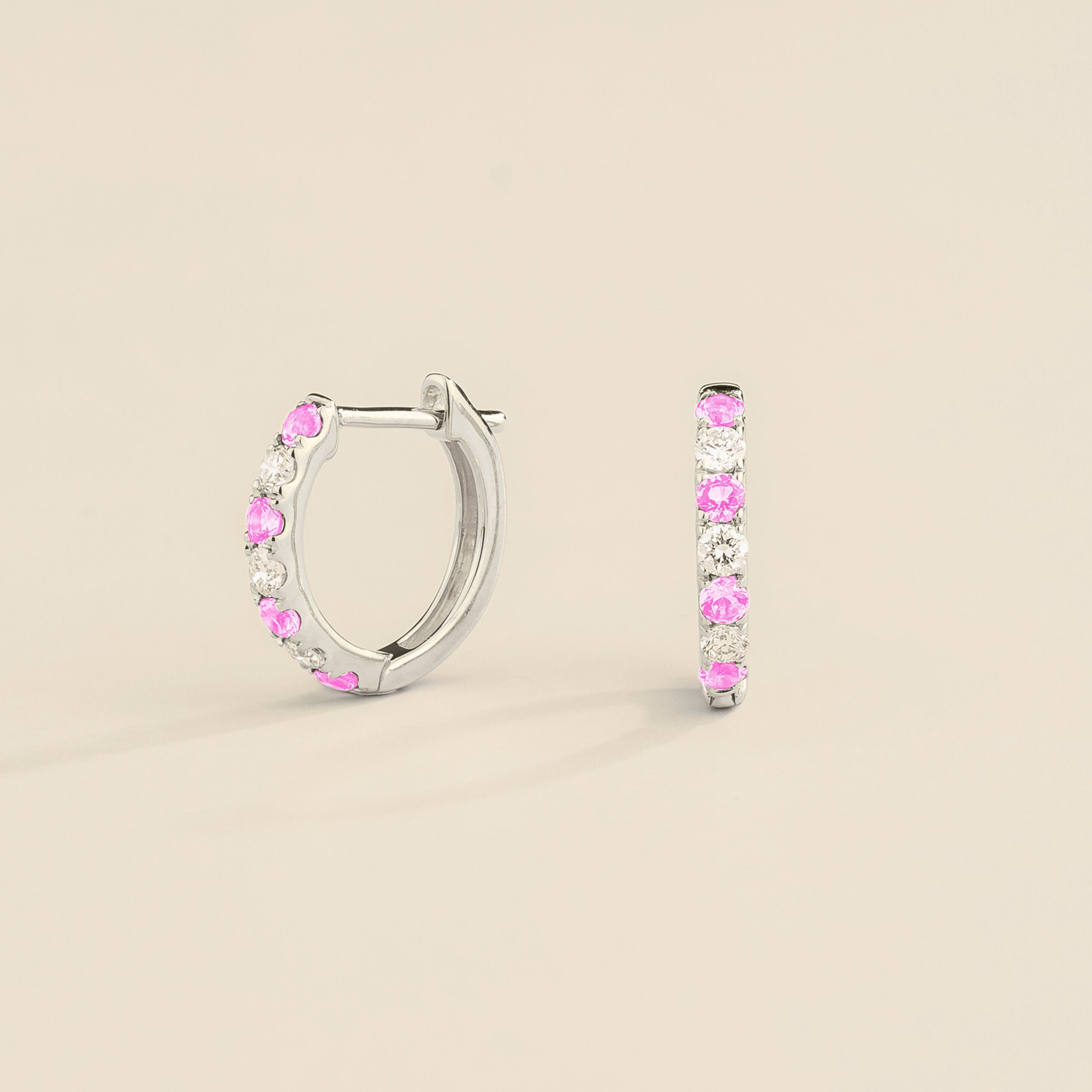Ciclo White Gold Huggie Earrings set with Light Pink Sapphire & Diamond