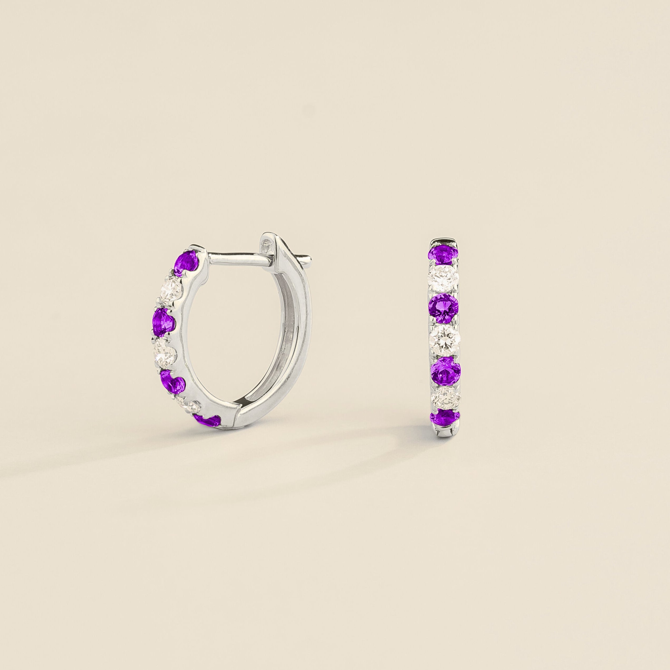 Ciclo White Gold Huggie Earrings set with Purple Sapphire & Diamond