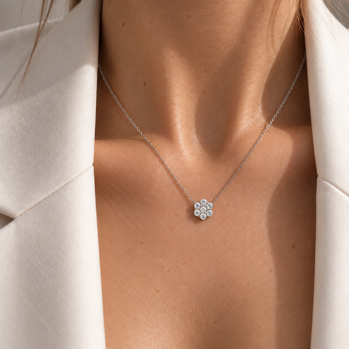 Cinq Diamond Flower Pendant Necklace in White Gold