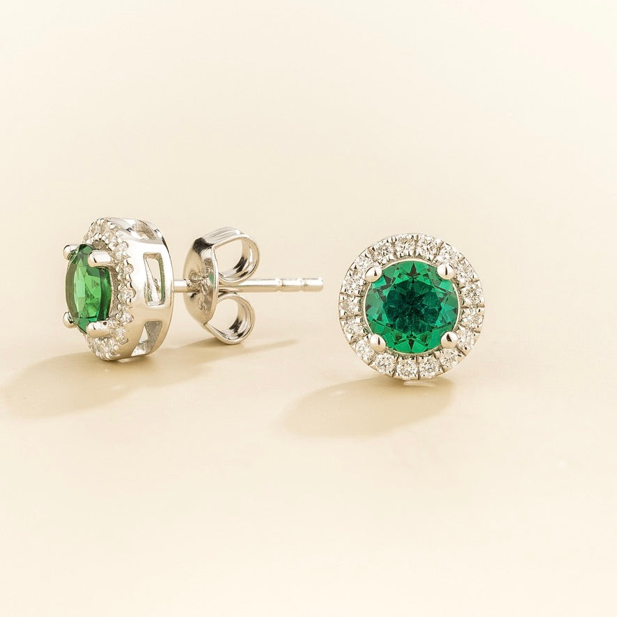Mars Emerald Round & Diamond Halo Earrings In White Gold