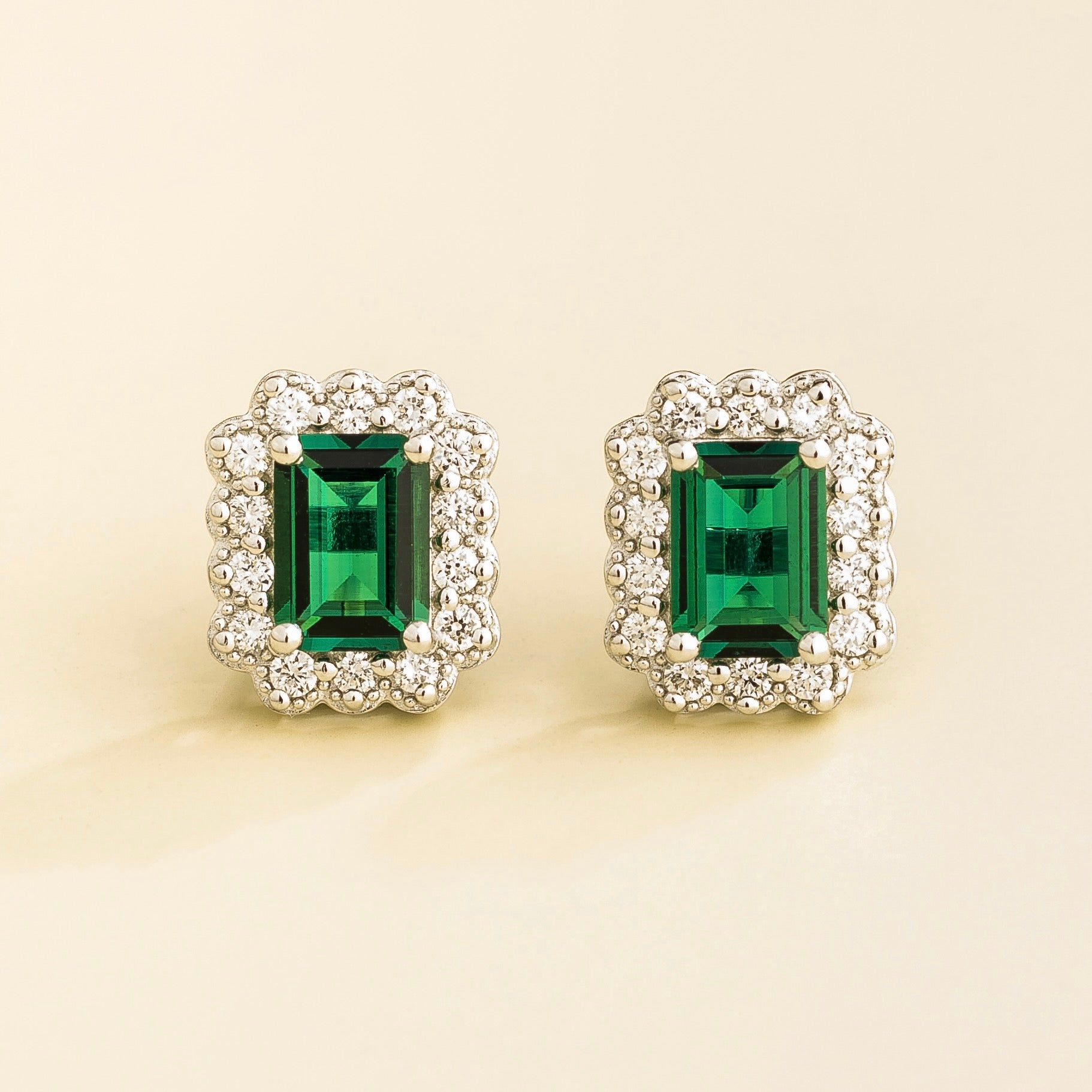 Verda Emerald Emerald-Cut & Diamond Halo Stud Earrings in White Gold