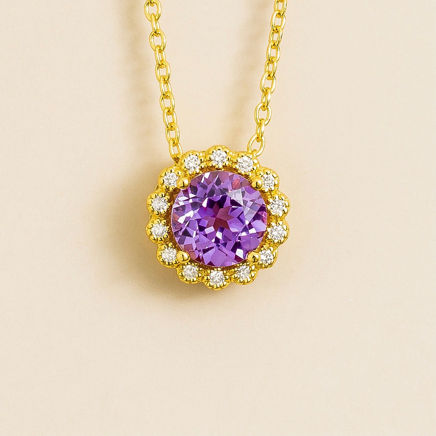 Solen Purple Sapphire Round & Diamond Halo Pendant Necklace in Gold
