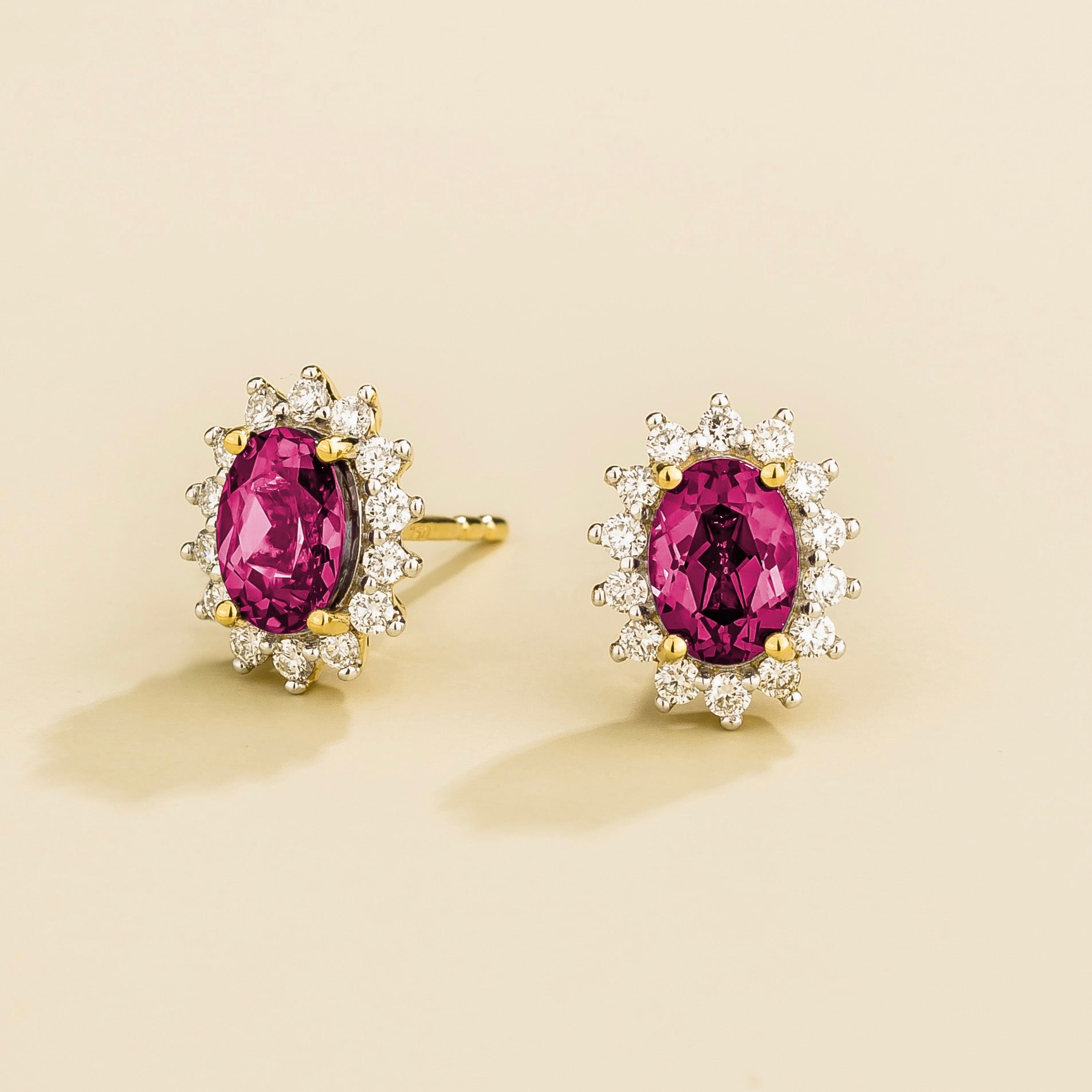 Divo Oval Vivid Pink Sapphire & Diamond Halo Gold Earrings