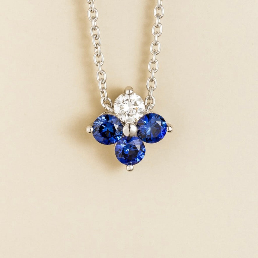 Clover Blue Sapphire & Diamond Necklace In White Gold