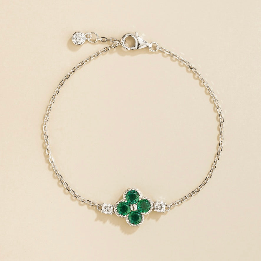 Emerald and Diamond Four-Leaf Clover Chain Bracelet in White Gold