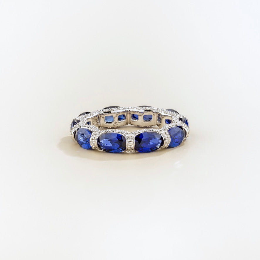 Muge Oval Blue Sapphire & Diamond Eternity Ring in White Gold