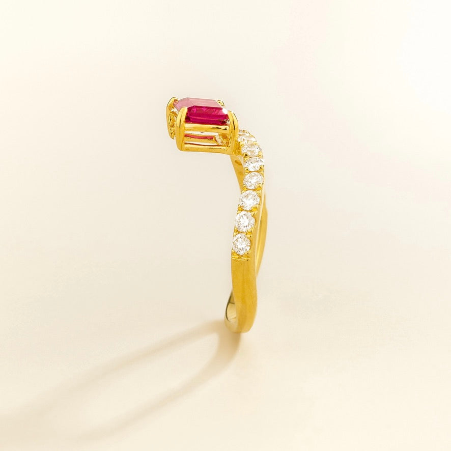 Luno Vivid Pink Sapphire Emerald-Cut & Diamond Pavé Curved Band Ring in Gold