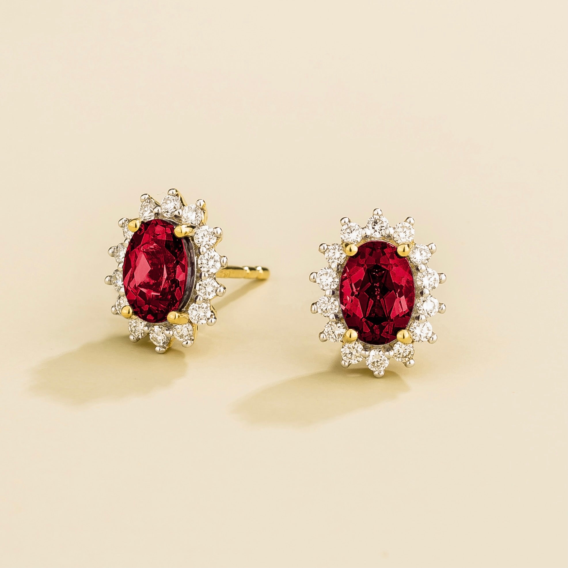 Divo Oval Ruby & Diamond Halo Gold Earrings