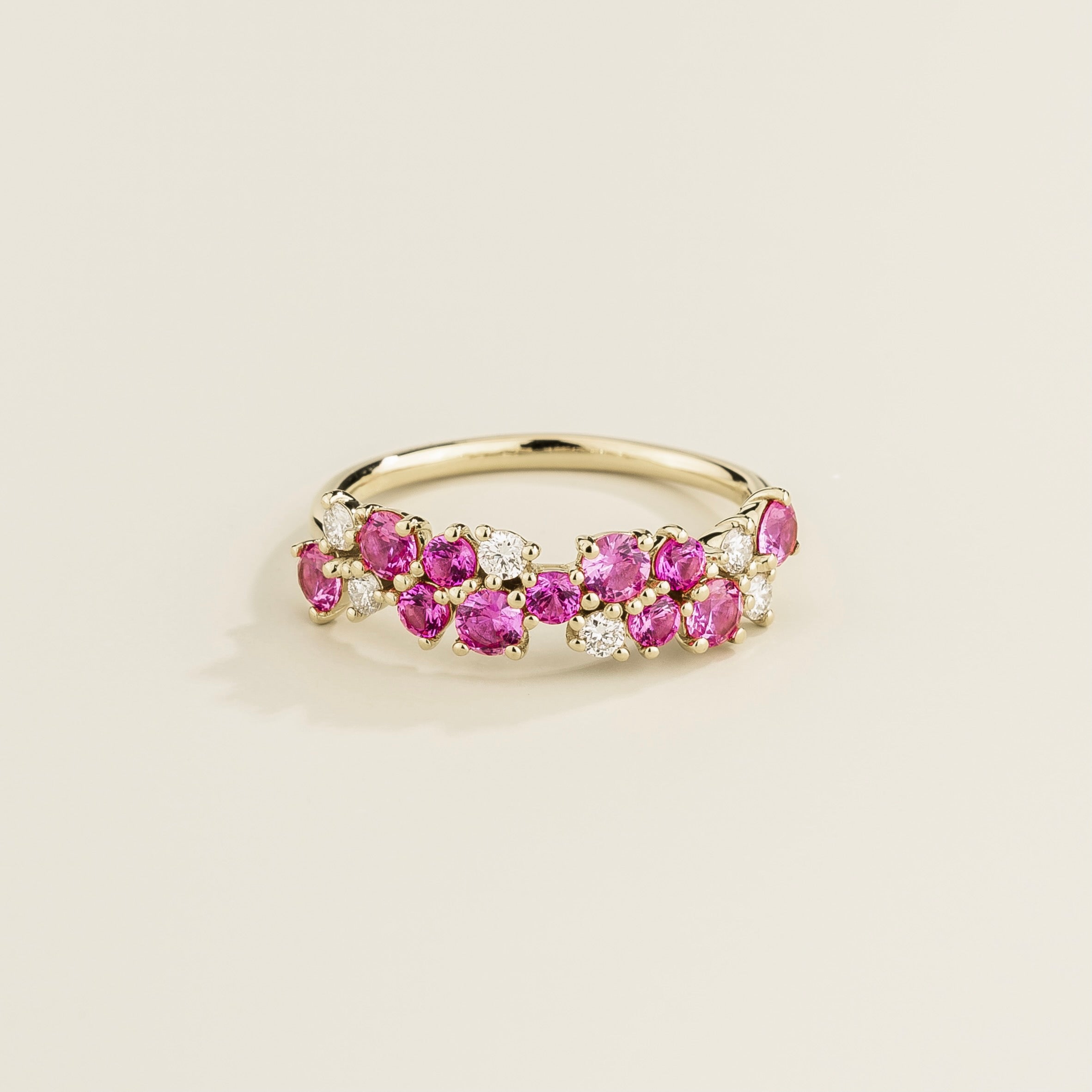 Starry White Gold Ring With Cluster Round Pink Sapphire & Diamond