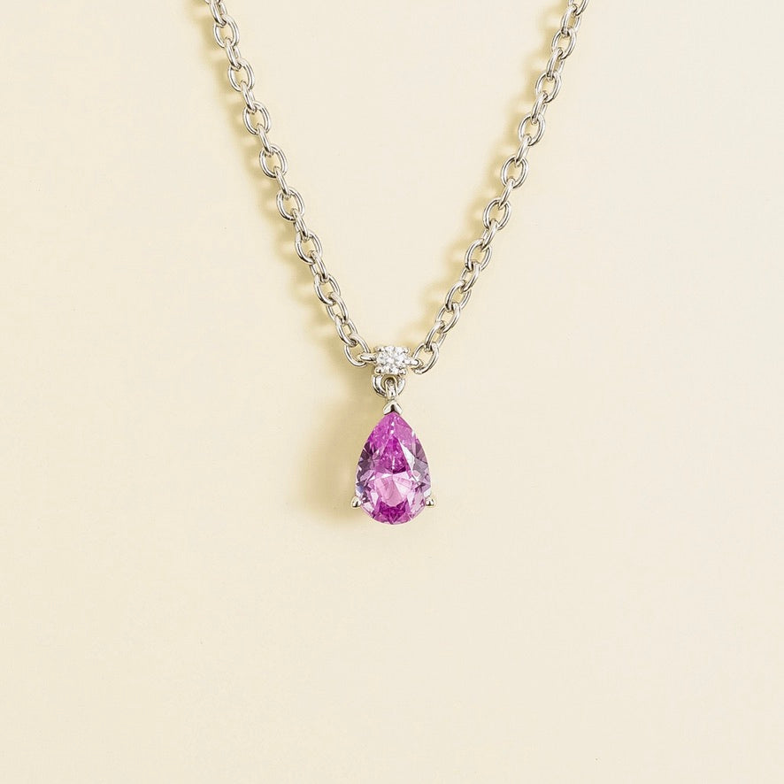Pear-drop lab-grown pink sapphire and diamond pendant necklace, Pisa small design in white gold | Juvetti London