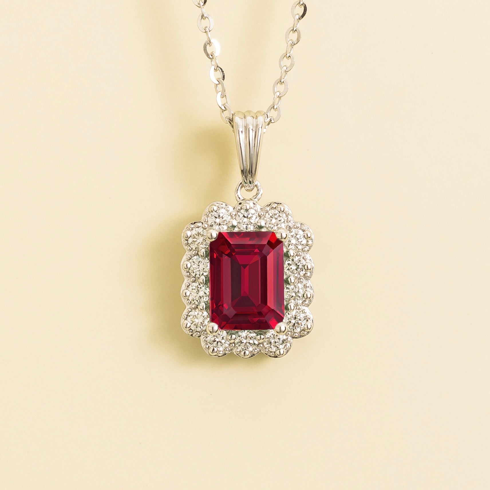 Verda Ruby Emerald-Cut & Diamond Halo Pendant Necklace in White Gold