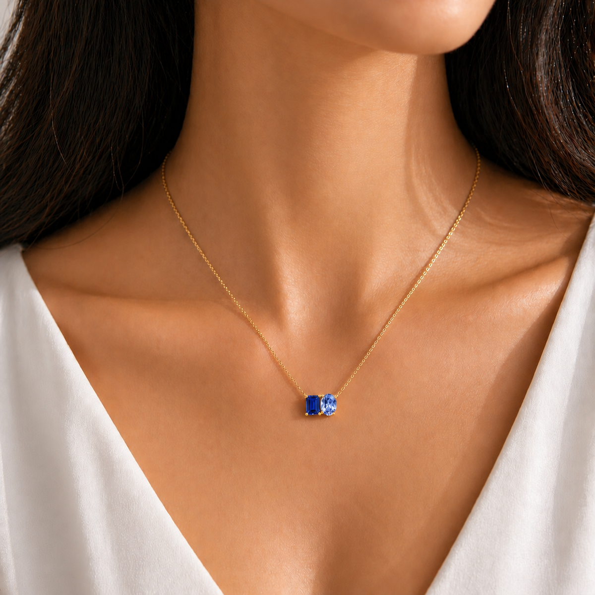 Buchon Blue Sapphire Two-Stone Pendant Necklace in Gold