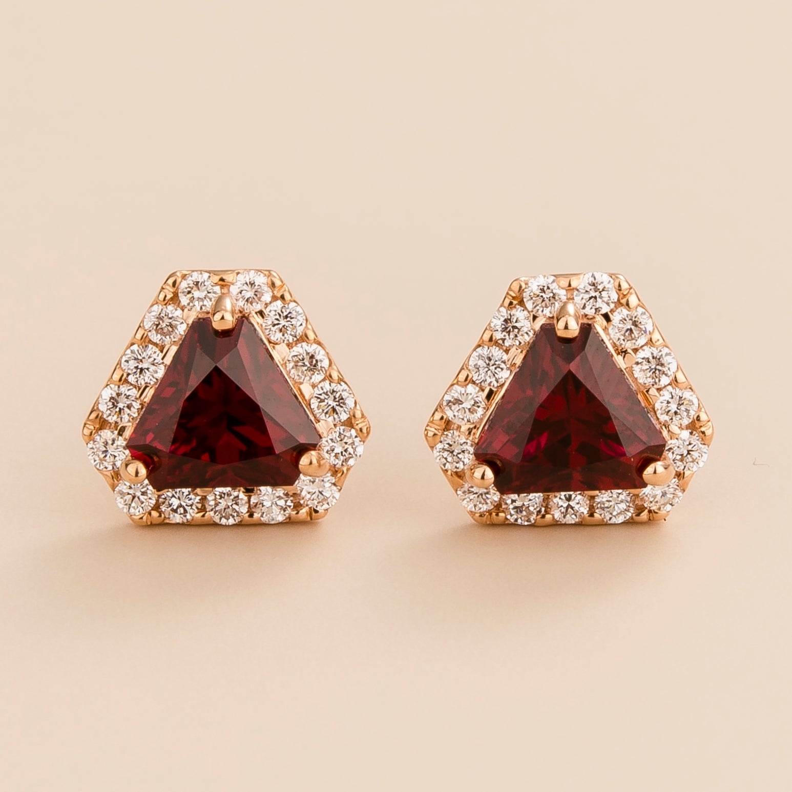 Diana earrings in 18K pink gold vermeil set with lab grown diamond and triangle ruby gem stones. Perfect for yourself and as gift.