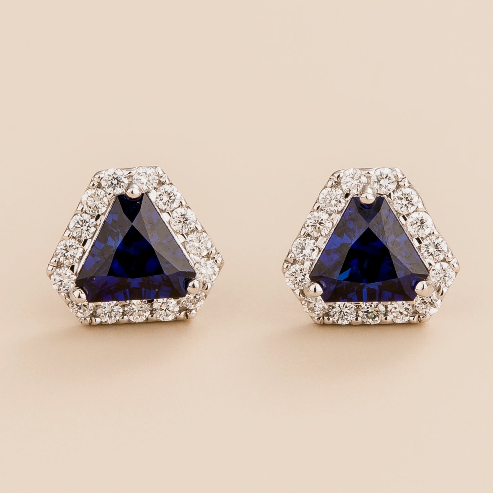 Diana earrings in 18K white gold vermeil set with lab grown diamond and triangle blue sapphire. Perfect for yourself and as gift.